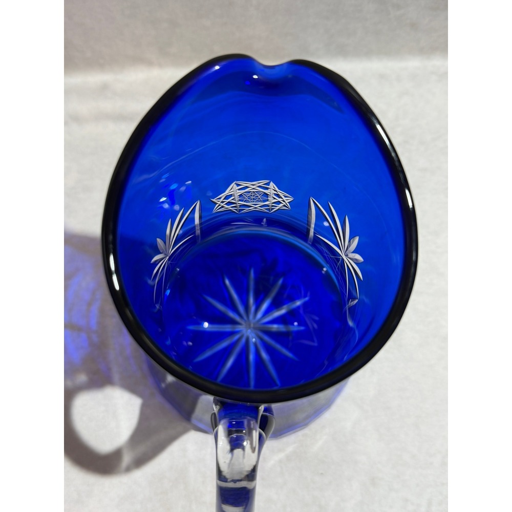 Vintage Bohemian Czech Cobalt Blue Cut to Clear Glass Pitcher and 4 Tumbler Set - Picture 6 of 16